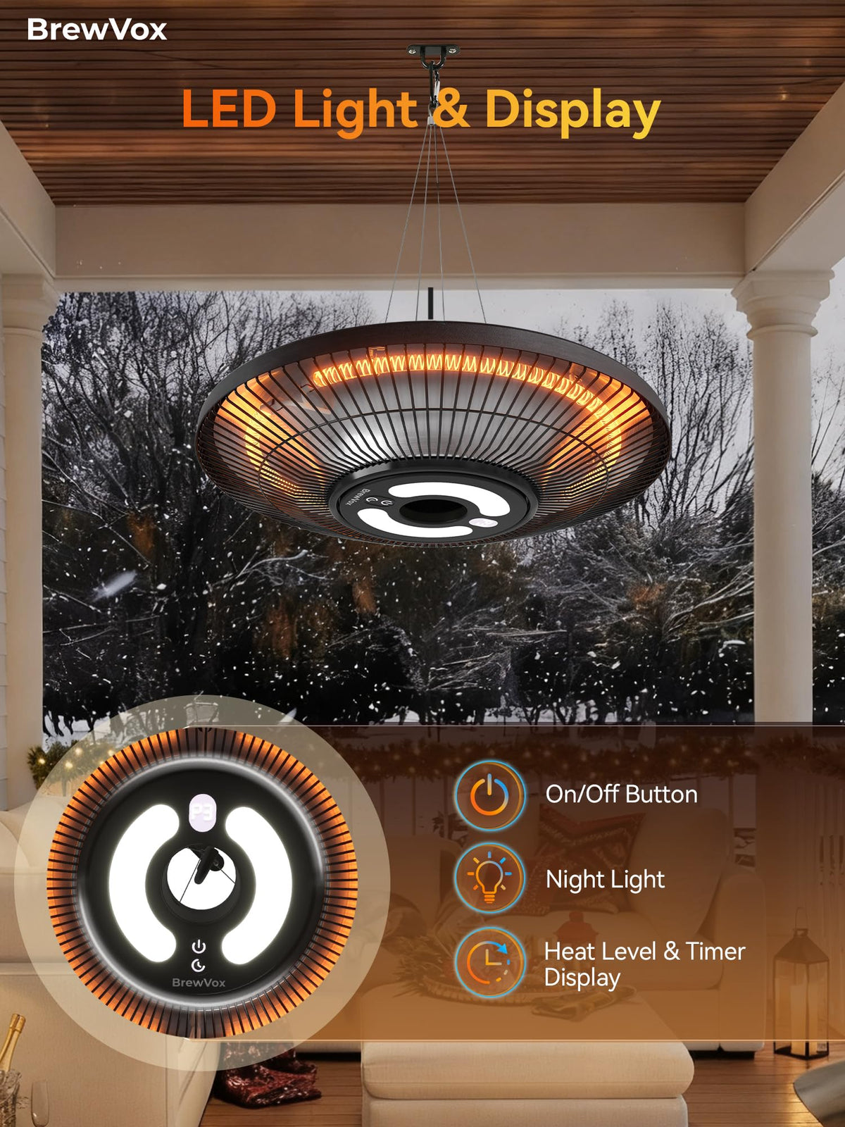 1500W Hanging Patio Heater, Electric Outdoor Infrared Ceiling Heater with LED Light, Smart App & Remote, 24H Timer