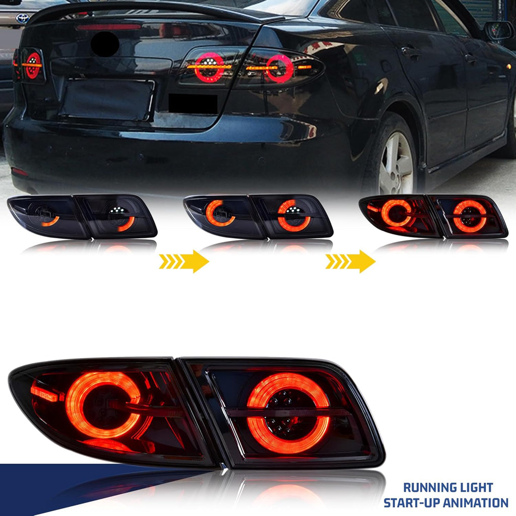 LED Tail Lights Assembly Compatible with Mazda 6 2003-2008 Sedan 4-Door Start-up Animation Sequential Turn Signal Black Rear Lamps Accessory [Cannot fit Hatchback/Wagon]