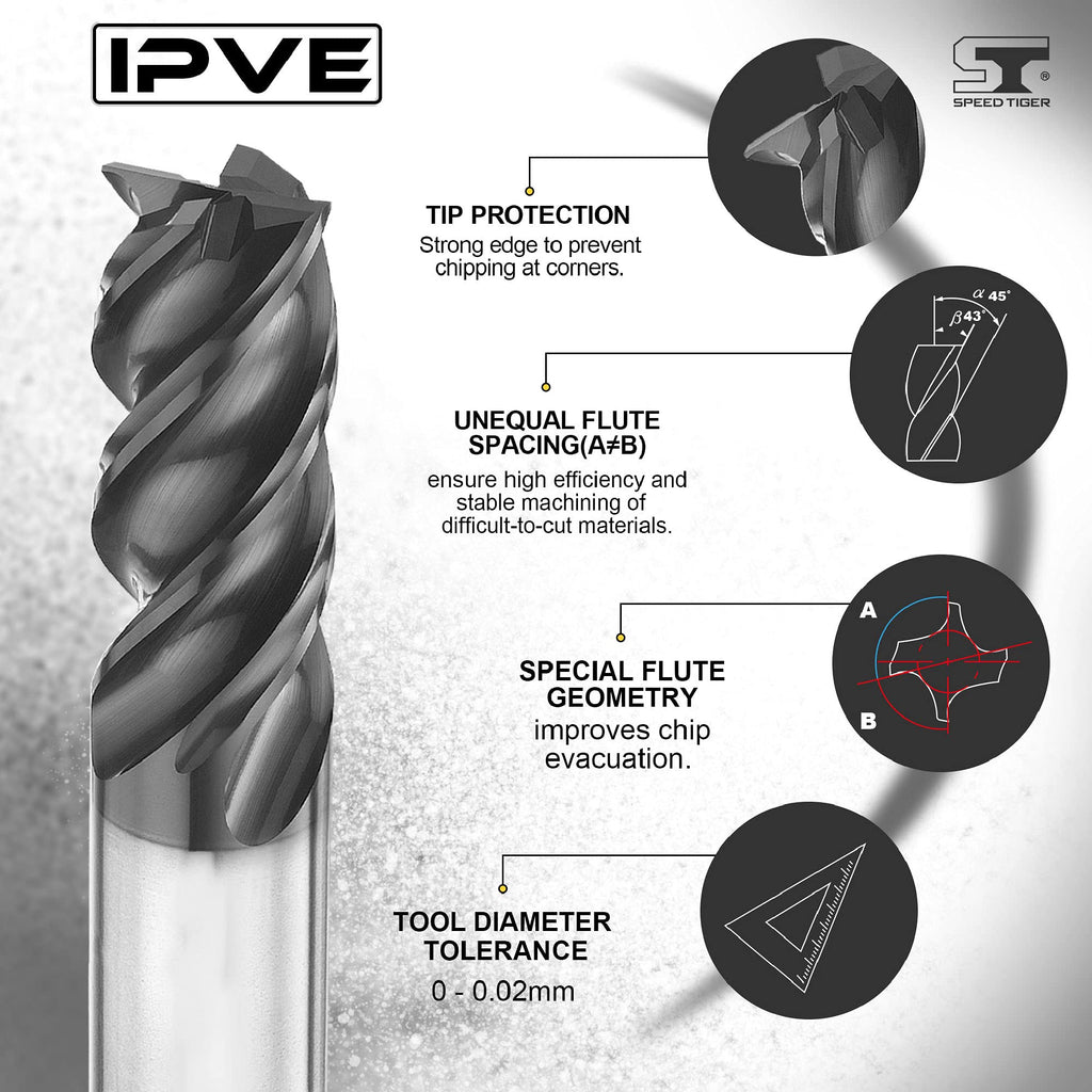 SPEED TIGER Carbide Square End Mill - 4 Flute - IPVE3/8 4 (1 Piece, 3/8") - Unequal Flute Spacing & Helix Design - Anti-Vibration - for Stainless Steel - Mill Bits Sets for DIYers & Professionals