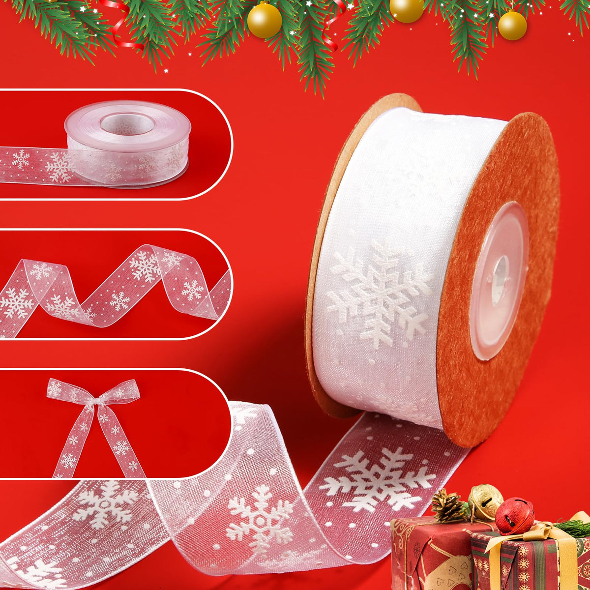 Christmas Ribbon, 1 Inch x 11yards White Snowflake Ribbon Christmas Ribbon for Crafts Making Gift Wrapping Winter