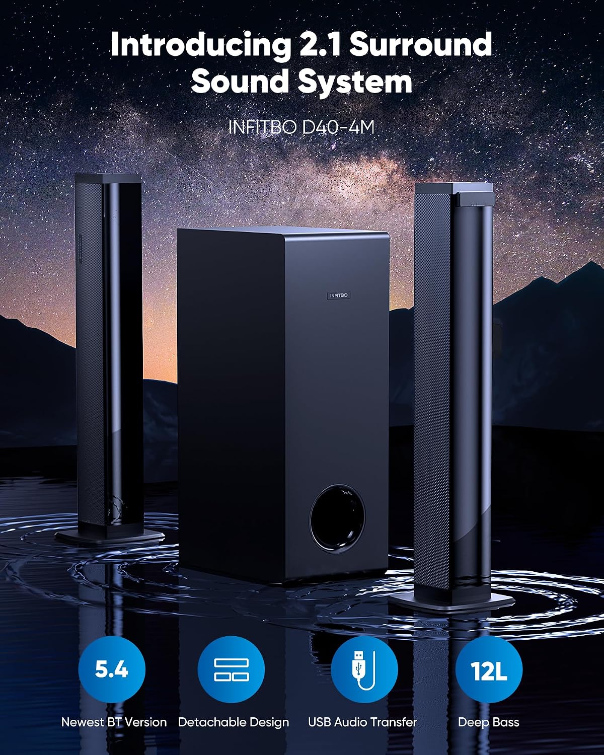Sound Bar for Smart TV 2.1CH 190W Peak Power Soundbar with Subwoofer Detachable 2-in-1 BT 5.4 Surround Sound System