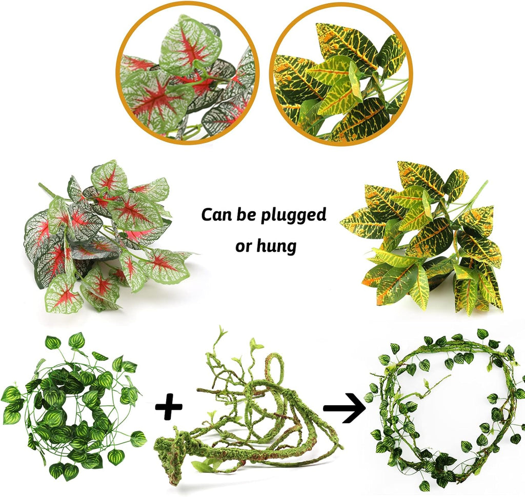 Reptile Plants, Terrarium Hanging Plant Vines Artificial Leaves Reptile Hide, Leopard Gecko Tank Accessories