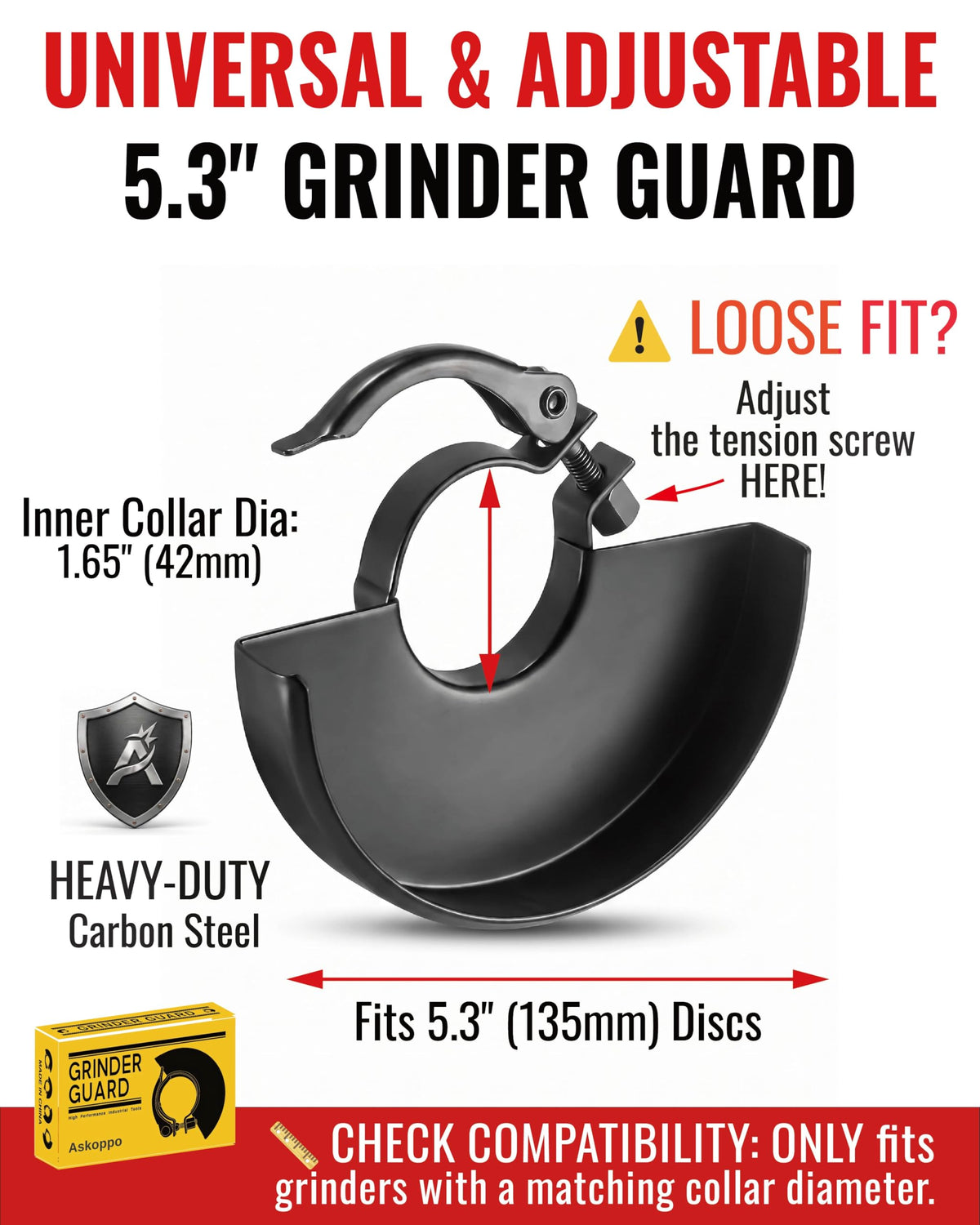 Askoppo 5.3" Adjustable Angle Grinder Guard；Replacement 397661-01 Metal Safety Shield for 4" 4.5" 5" 5.3" Wheel；Fits DeWALT, Milwaukee, Bosch, Metabo, RYOBI
