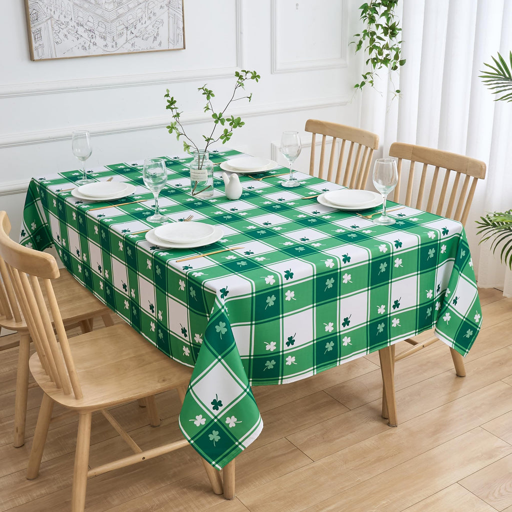 St Patricks Day Tablecloth Rectangle Shamrock Green and White Plaid Table Cloth - 60 x 84 Oblong Polyester Irish