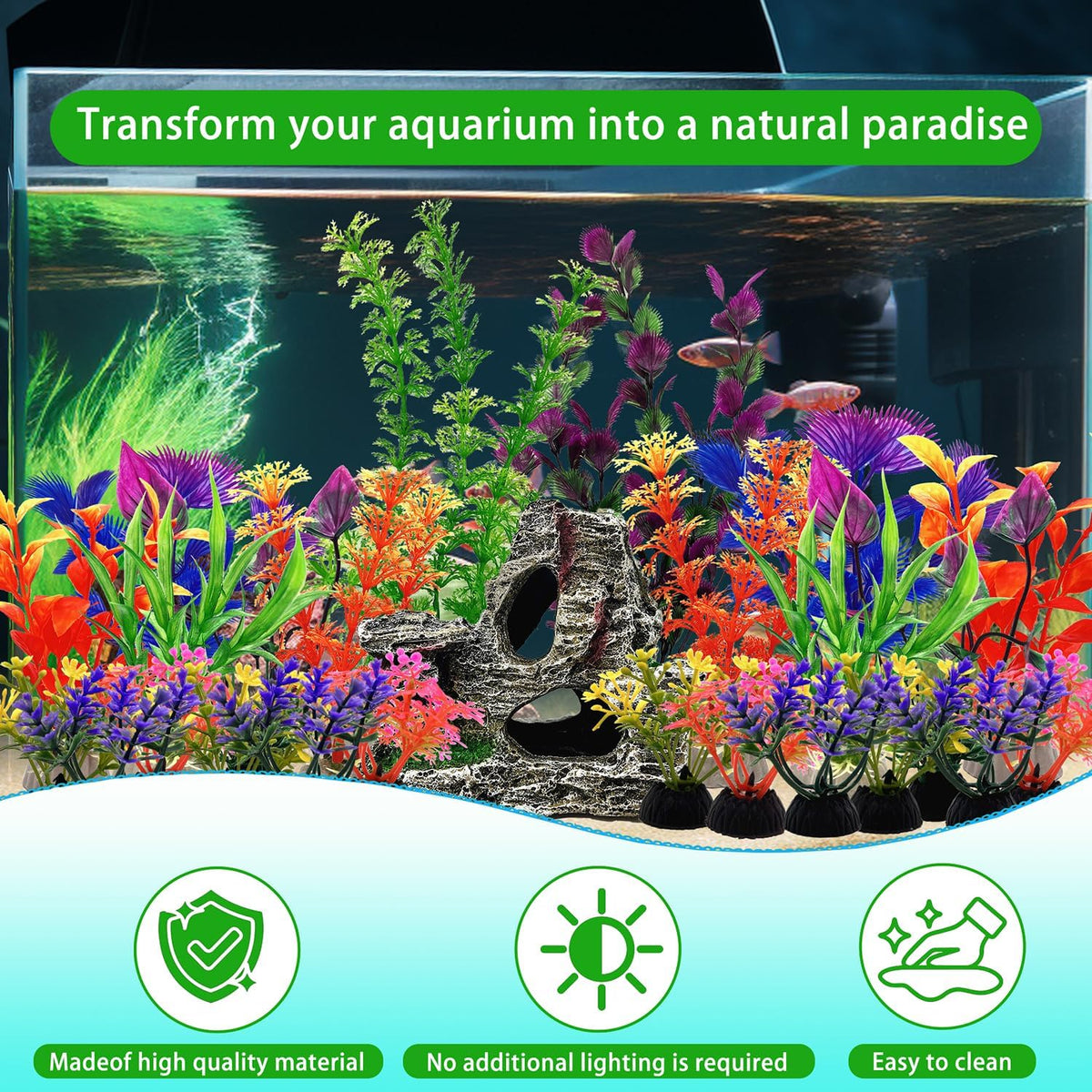 25 PCS Aquarium Plants & Rock Cave Decorations Set – Colorful Fish Tank Plastic Plants Ornaments with Resin Rock