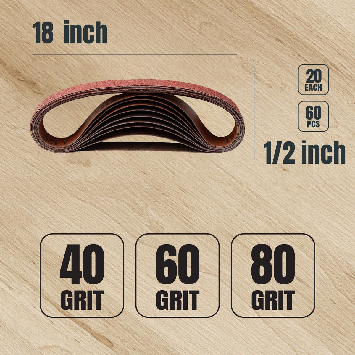 POWERTEC 1/2 x 18 Inch Sanding Belts, 20 Each of 40/60/80 Grits, 60PK, Aluminum Oxide Belt Sander Sanding Belt for Air File Belt Sander, Woodworking, Metal Polishing (40185-1)