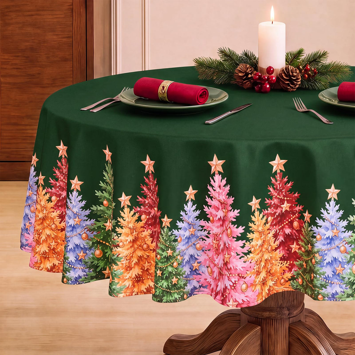 Green Christmas Round Tablecloth Xmas Tree Holiday Decor, 70 Inch
