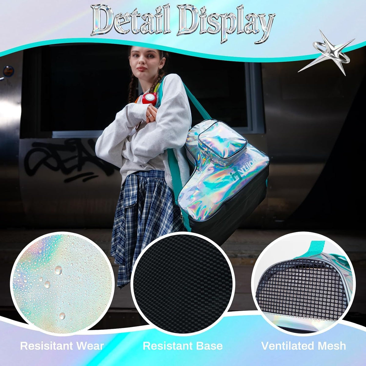 Roller Skate Bag for Inline Skates Ice Skates and Figure Skating Stylish Plain Holographic Fashion Design Spacious