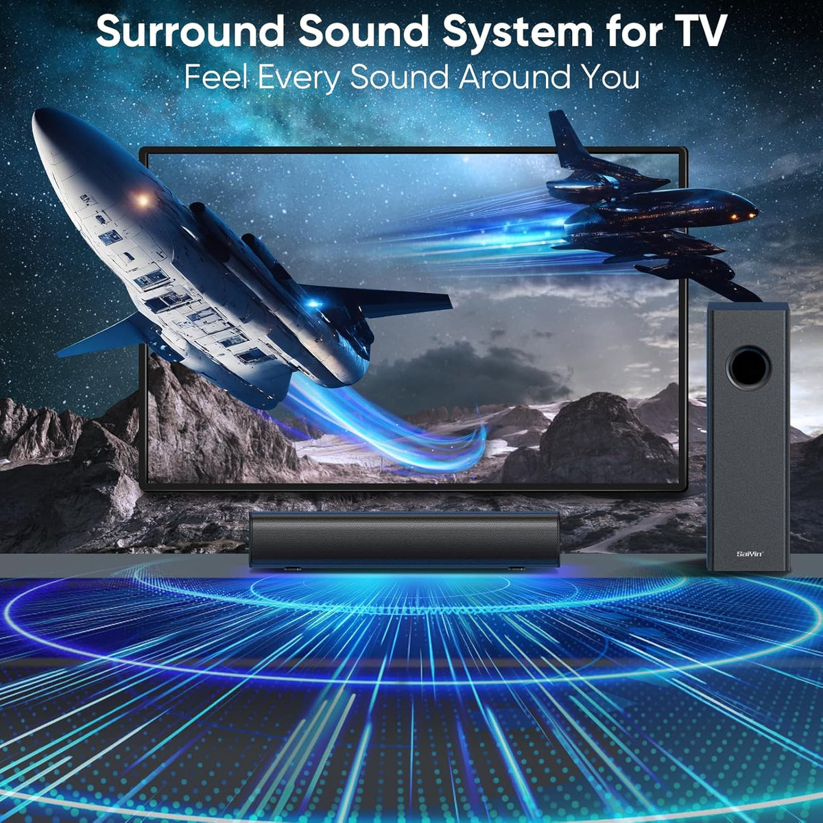 Soundbar with Subwoofer, 14.2" Compact Soundbar, 4" Subwoofer, 70W | 2.1 Audio Enhanced Surround Sound System for TV