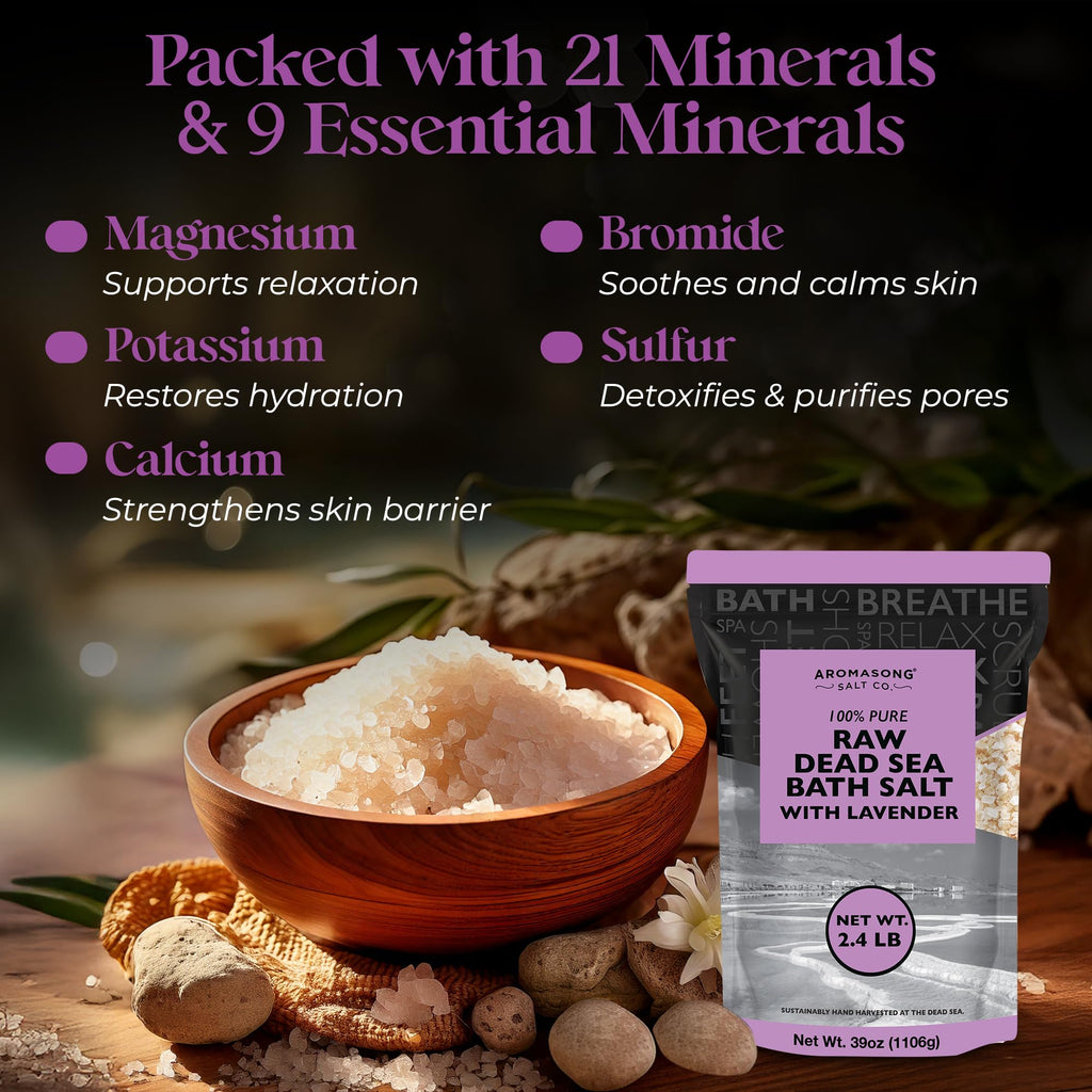 Pure Raw Dead Sea Salt for Soaking with 100% Natural Lavender, 5 LB - Spa Bath Salt Fine Grain - Body Wash Scrub