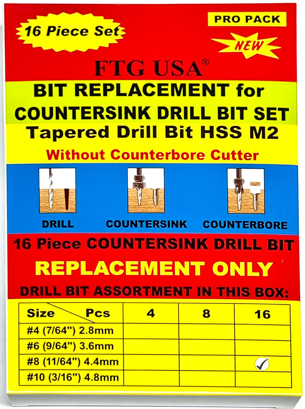 FTG USA 16pc #8(11/64") Replacement Tapered Countersink Drill Bit Hex Shank
