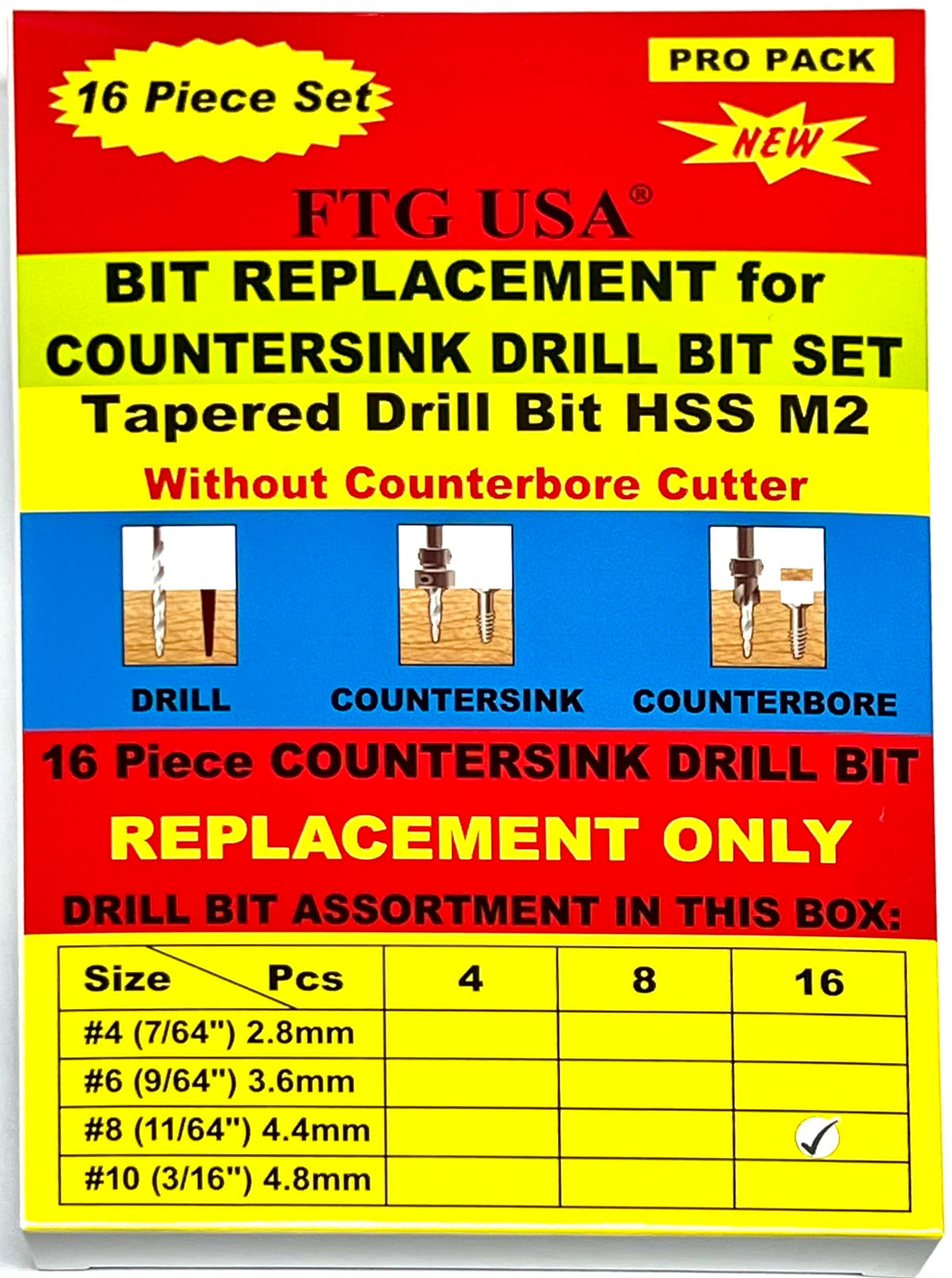 FTG USA 16pc #8(11/64") Replacement Tapered Countersink Drill Bit Hex Shank