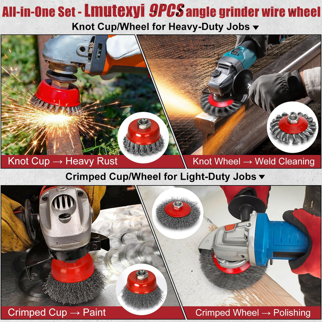 Lmutexyi 9Pcs Wire Wheel for Angle Grinder, 4 & 3In Knotted/Crimped