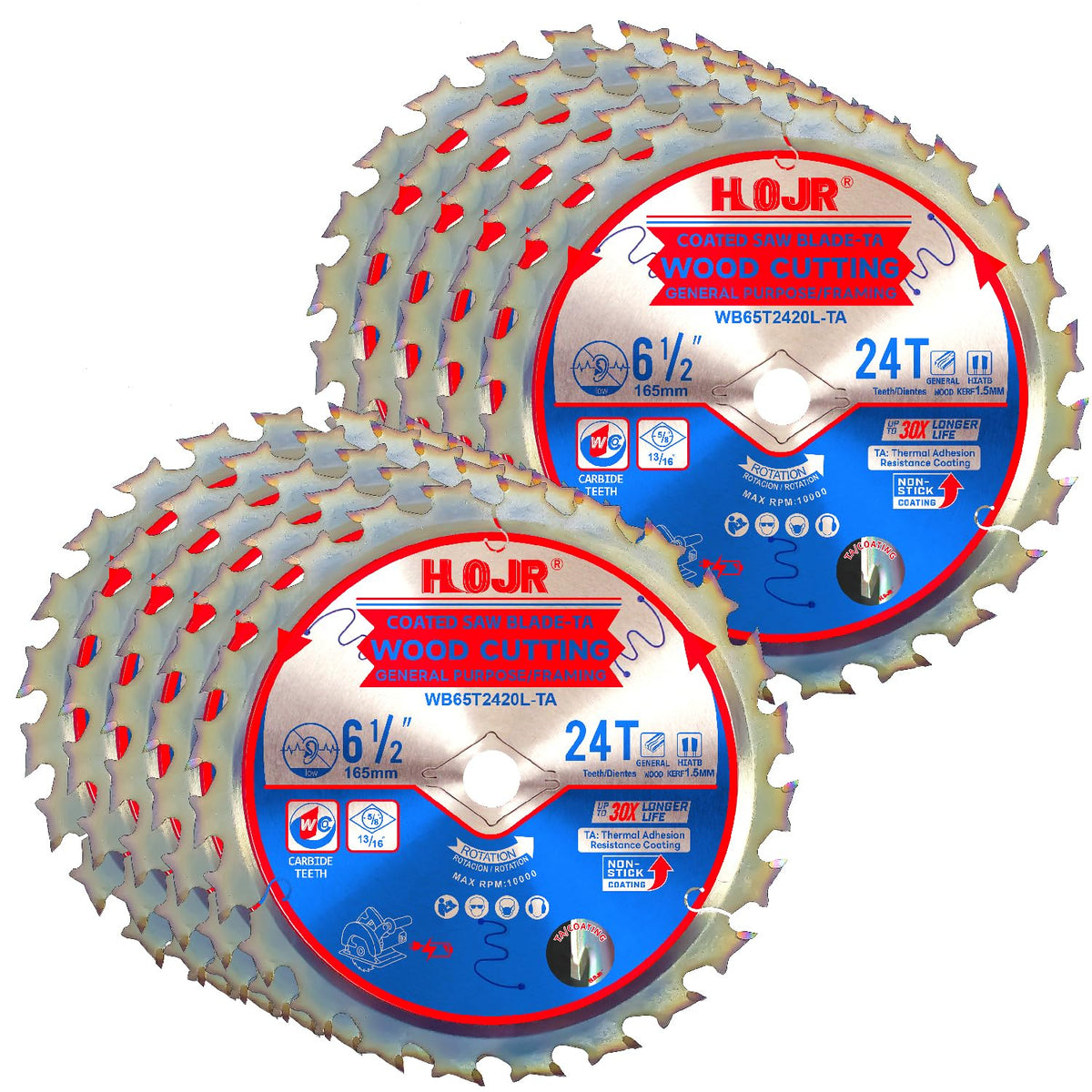 HOJR 10-Pack 6-1/2" 24-Tooth 5/8“ Arbor Woodworking Circular Saw Blade,Framing/General Purpose, Special Anti-Thermal Adhesion Coating on Cutting Edge - TA,High Finish,Long Life,6-1/2" 24T 5/8"