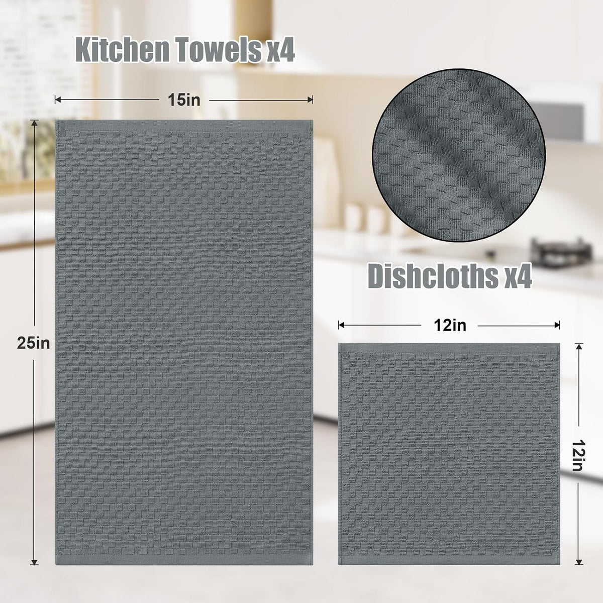 8 Pack 100% Cotton Kitchen Towels and Dishcloths Set, Dark Grey | 12 x 12 & 15 x 25 Inches, Terry Cloth Dish Towels