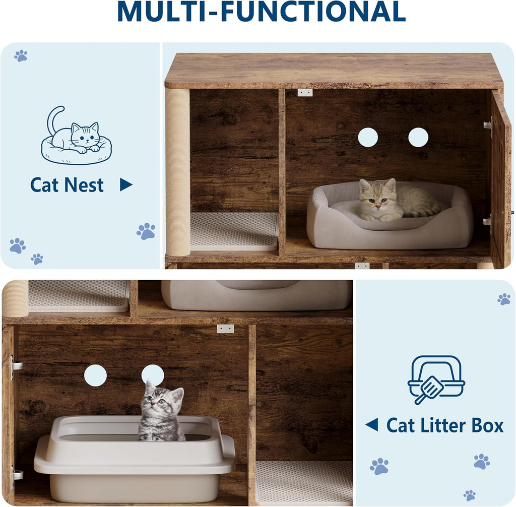 Double Cat Litter Box Enclosure, Hidden Litter Box Furniture Cabinet, 2 Tier Cat Washroom Bench, Decorative Cat House
