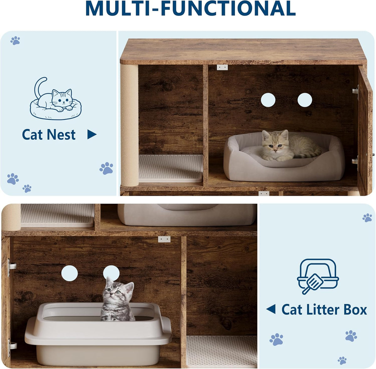 Double Cat Litter Box Enclosure, Hidden Litter Box Furniture Cabinet, 2 Tier Cat Washroom Bench, Decorative Cat House
