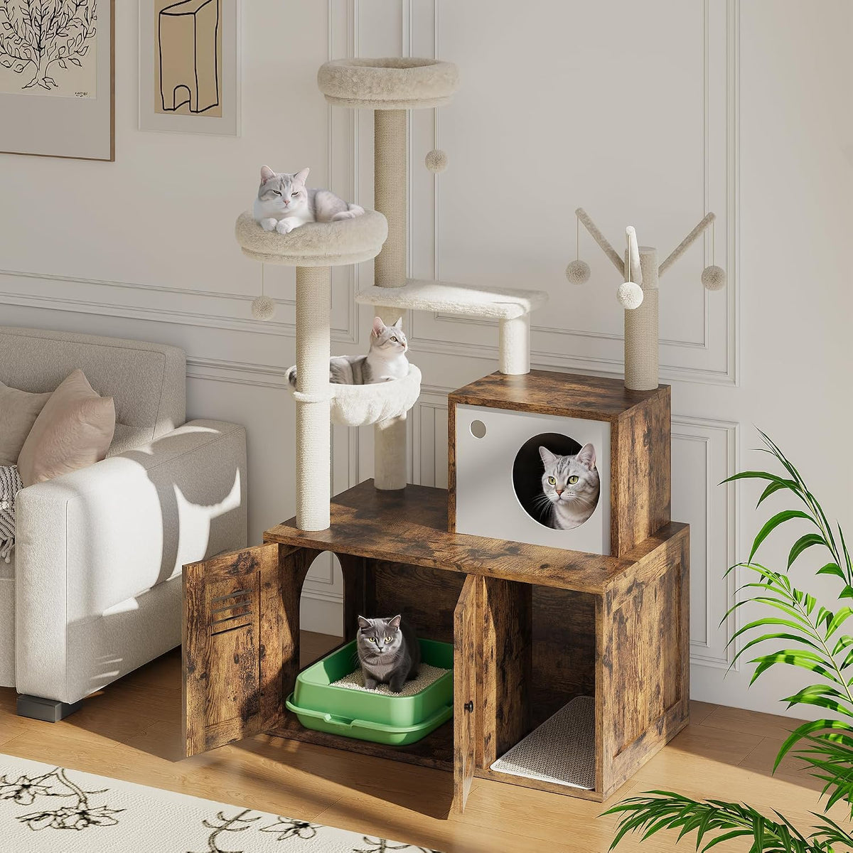Hidden Cat Litter Box Enclosure with Tree Tower and Condo - 55 Inch Multi-Level Cat Condo with Soft Plush
