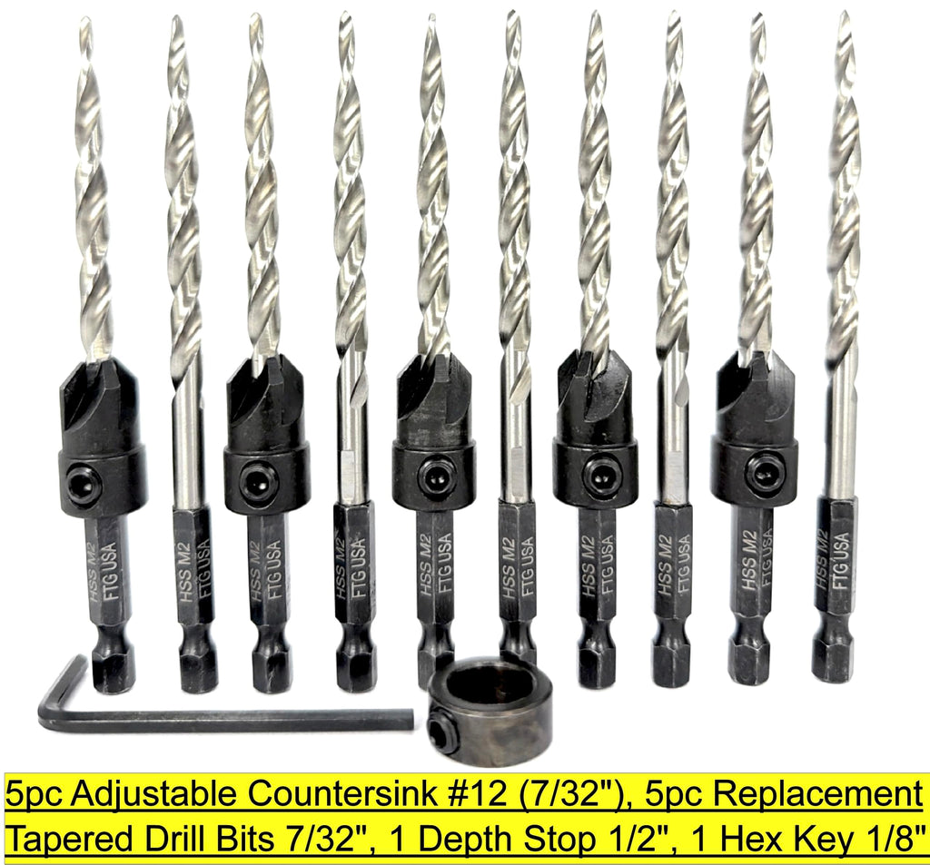 FTG USA 5 Pc #12 (7/32") Countersink Drill Bit Set with 5 Replacement Bits