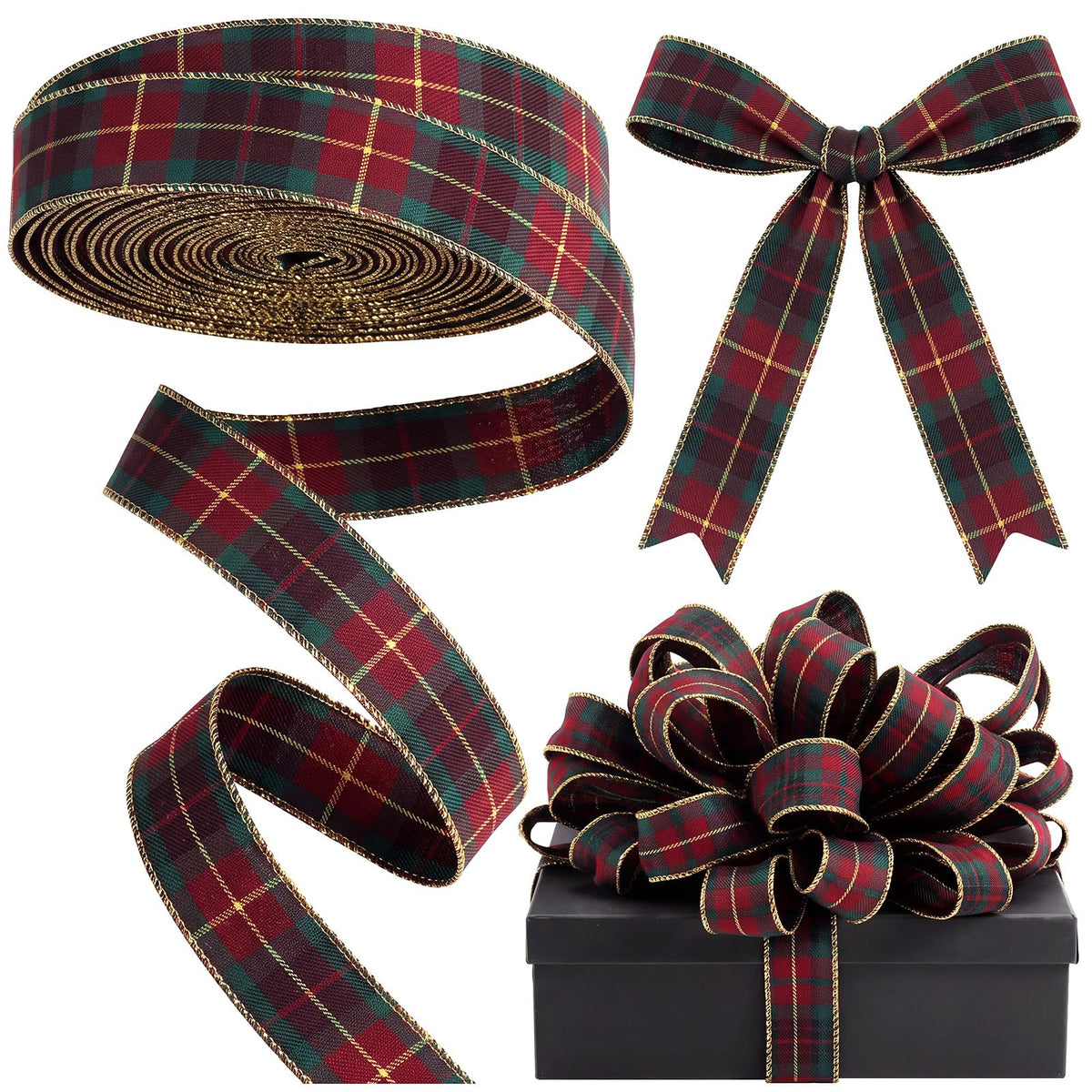 Christmas Tartan Ribbons Plaid 1.5 Inch 30 Yard Wired Ribbons