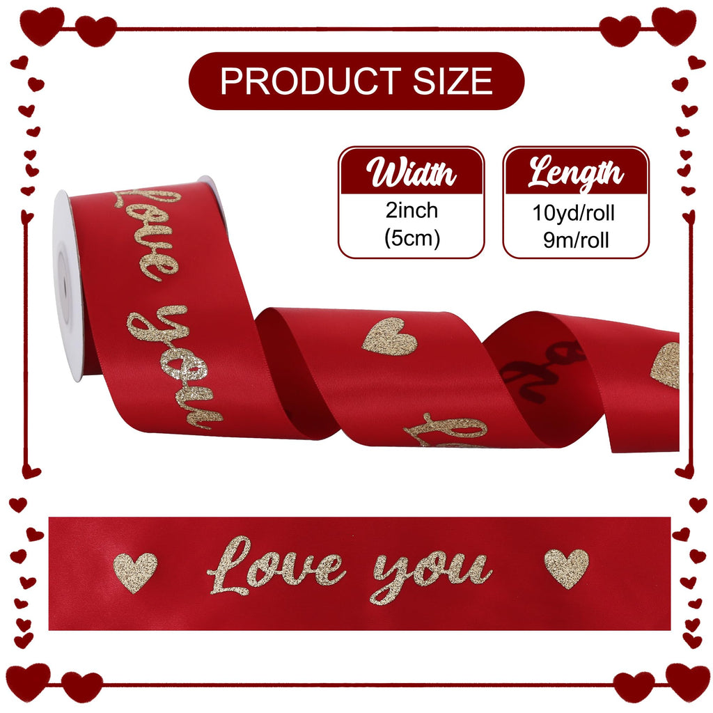 Claret Red Satin Ribbon with Glitter Love You Print - 2 Inch x 10 Yards Valentine Ribbon for Wedding, Anniversary