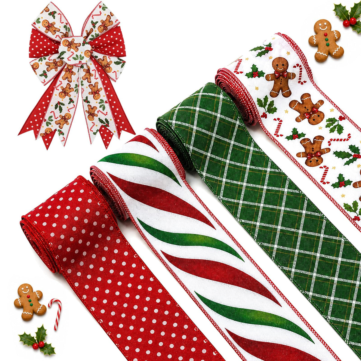 Christmas Wired Ribbon, 4 Rolls, 2.5 in x 5 yd Each, 20 yd Total