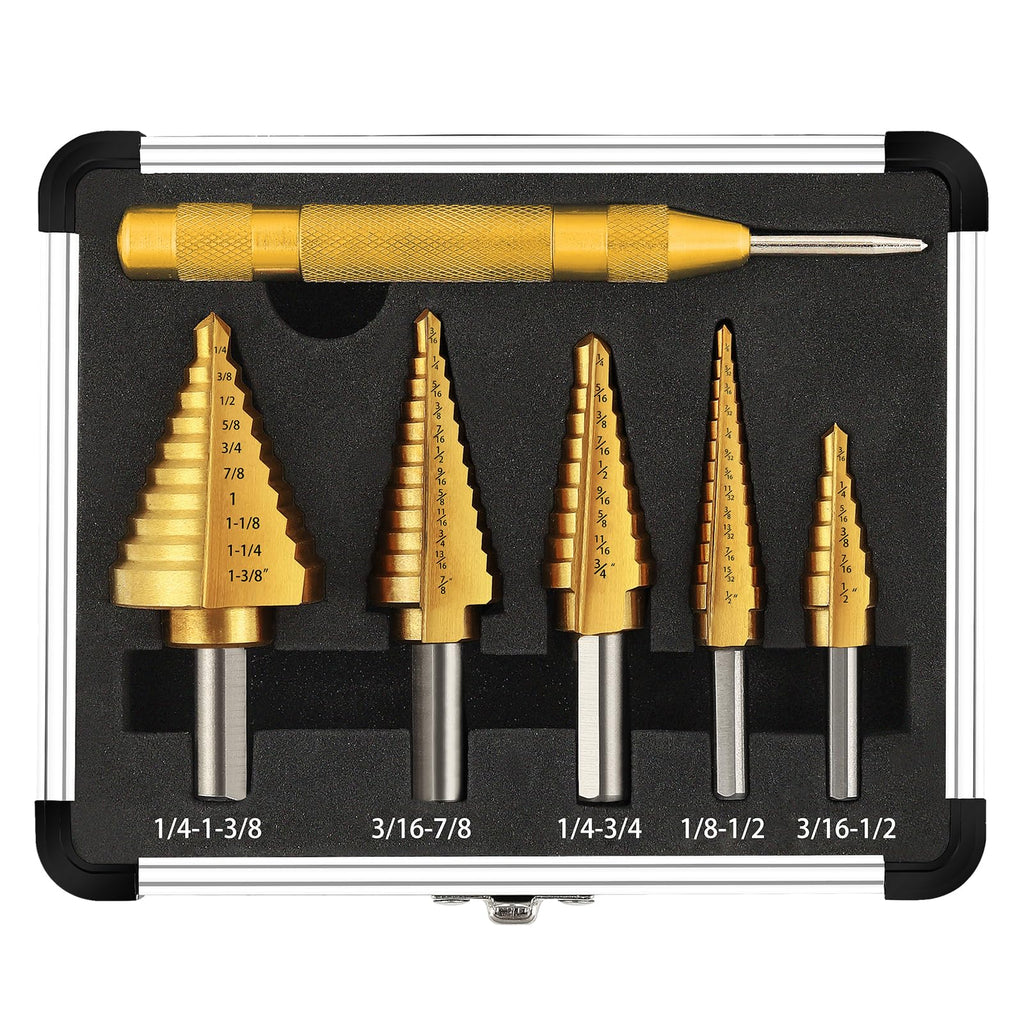 COMOWARE Step Drill Bit Set for Metal HSS 5Pcs Ti-Coated with Center Punch