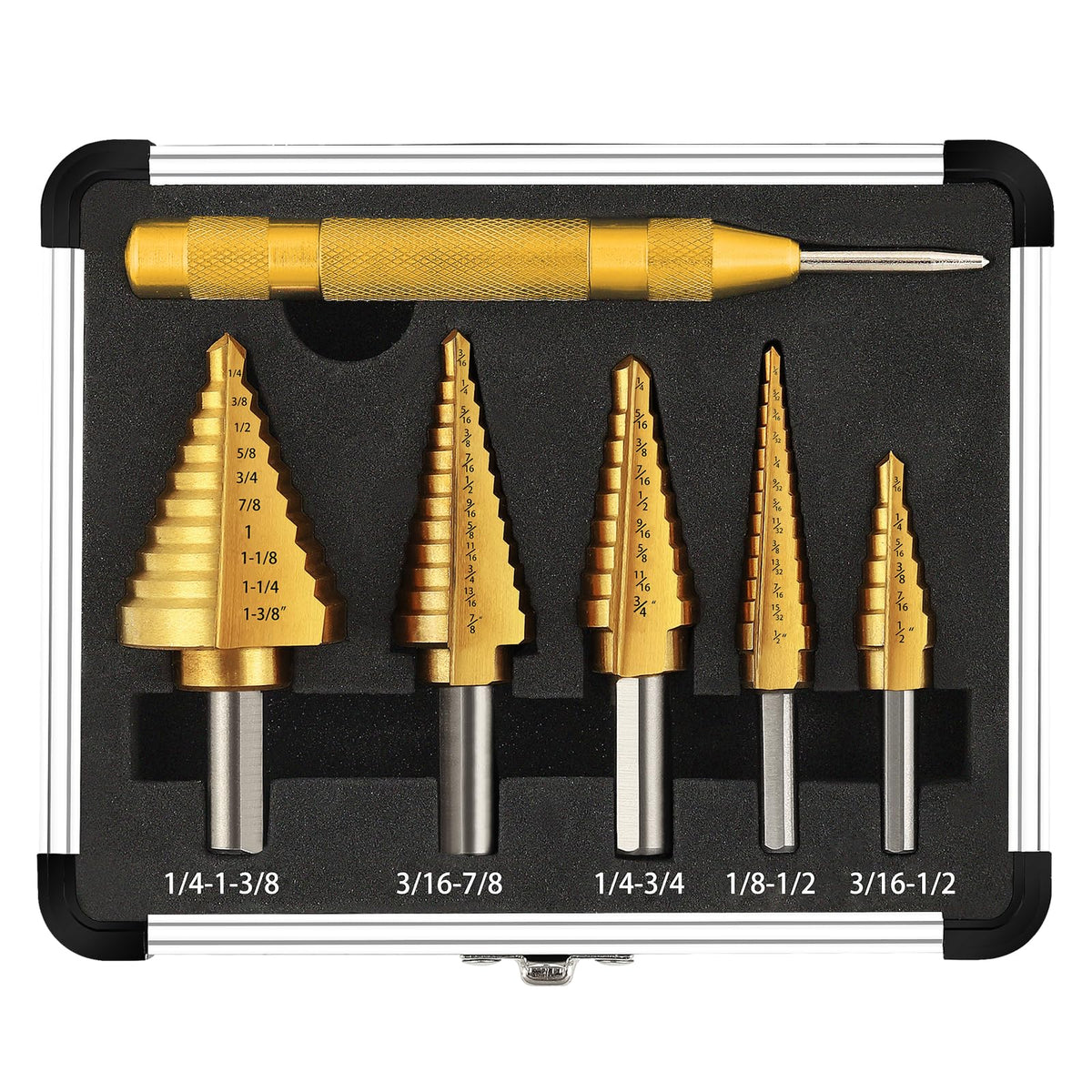 COMOWARE Step Drill Bit Set for Metal HSS 5Pcs Ti-Coated with Center Punch