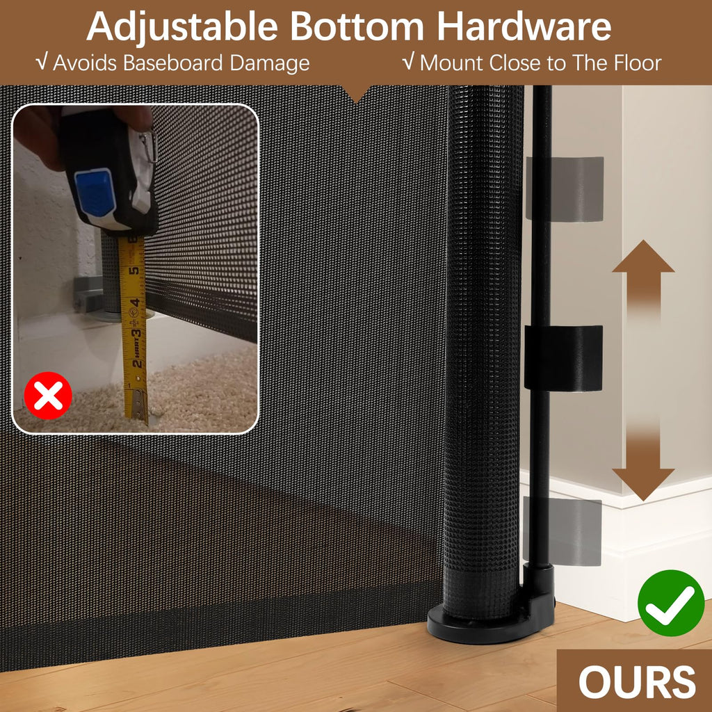 60" x 55" Wide Extra-Wide Retractable Indoor Mesh Pet & Child Safety Gate with One-Hand Safety Lock for Wide Openings, Patios & Stairways — Black