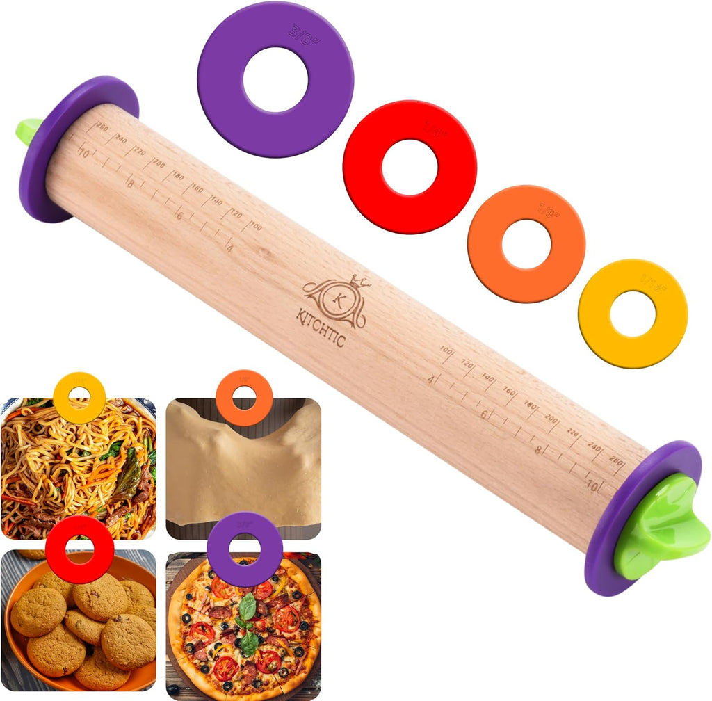 Rolling Pin with Thickness Rings - Adjustable Wooden Rolling Pin - Baking Essential and Roller Tool - Consistent