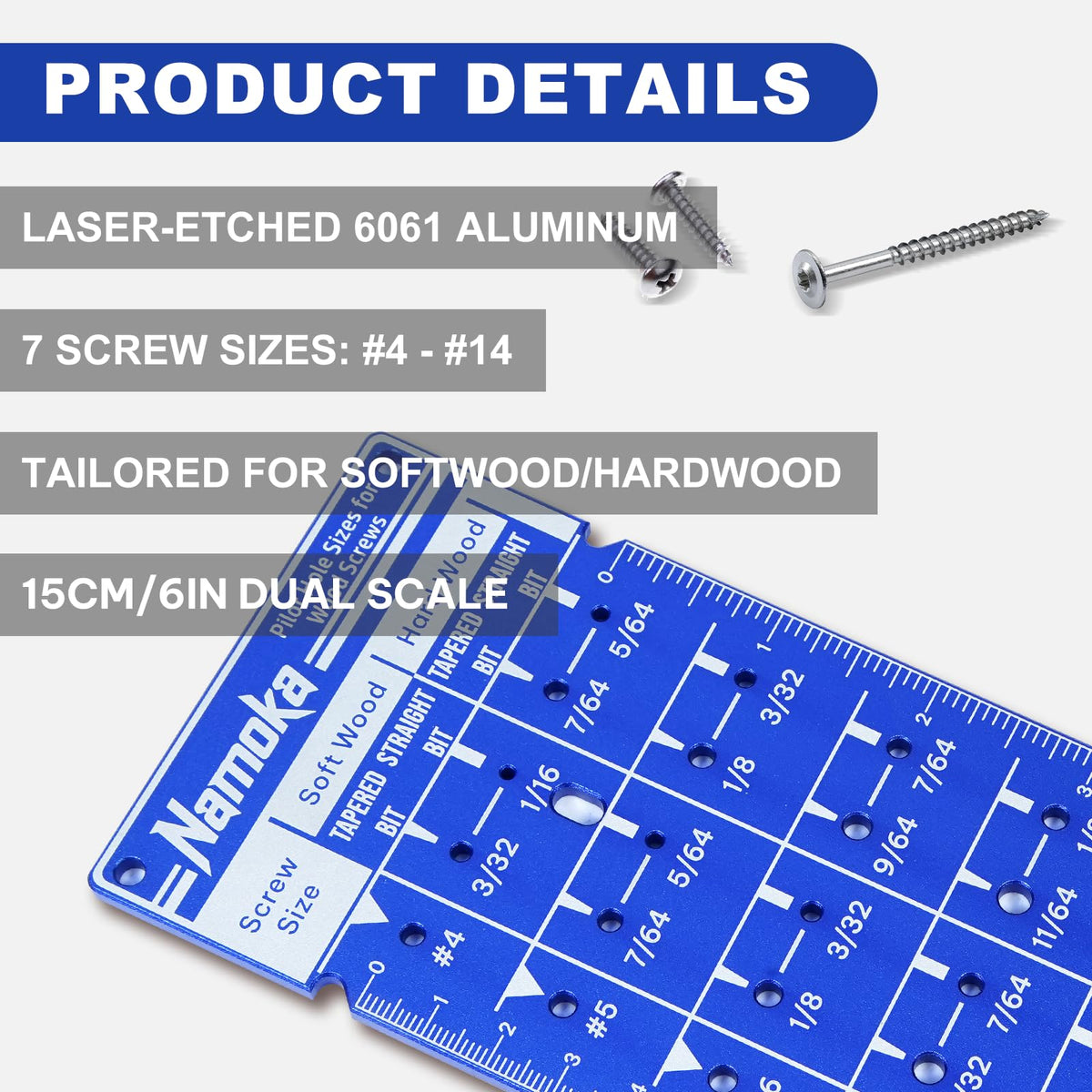 NAMOKA Screw Size Chart & Drill Bit Gauge, Laser-Etched 6061 Aluminum
