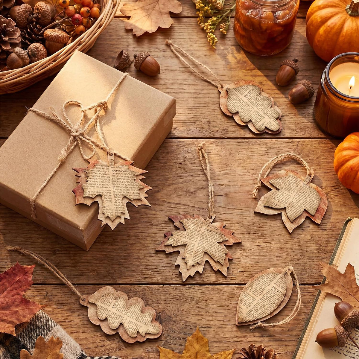 12 Pcs Vintage Fall Leaves Decorations Wood Rustic Fall Leaves Hanging Book Newspaper Design 3D Maple Leaf Decoration