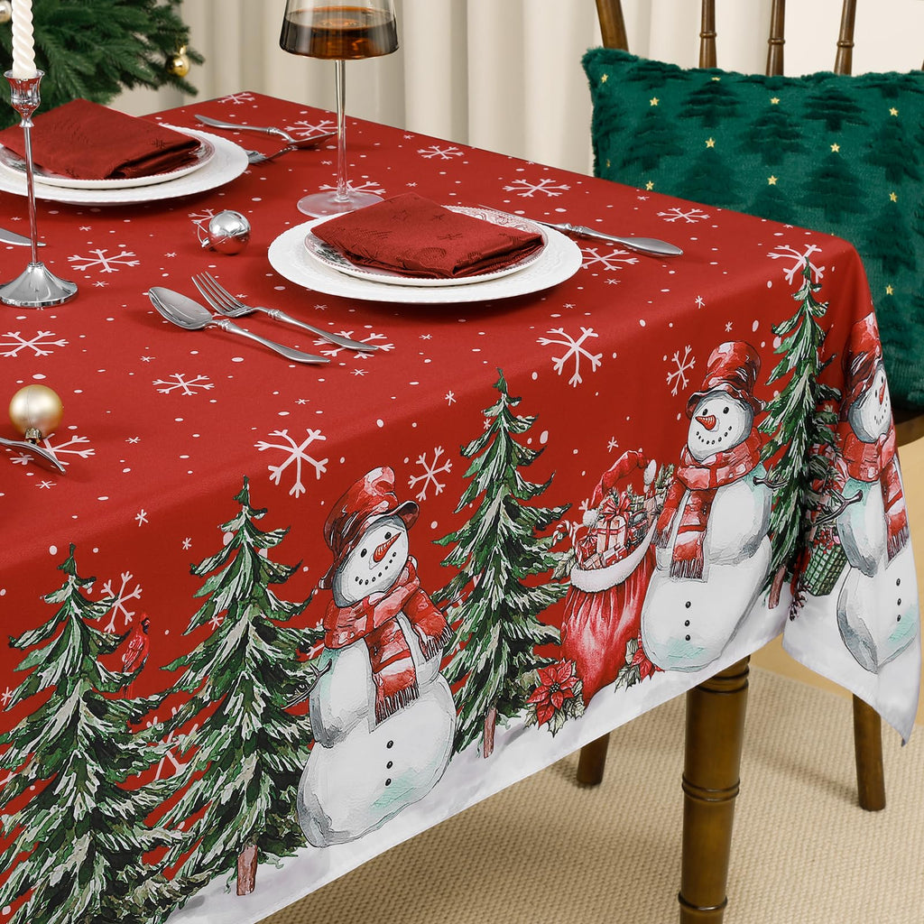 Red Christmas Tablecloth with Snowman, 60 x 84 Inch Rectangle