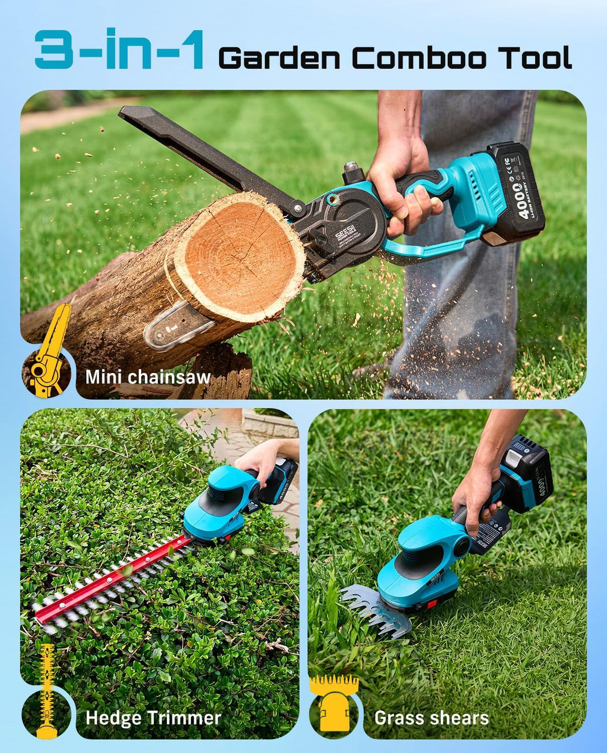 3 in 1 Cordless Mini Chainsaw & Hedge Trimmer, Grass Shear Combo | 8 Inch Electric Chain saw Brushless,2x 4000mAh