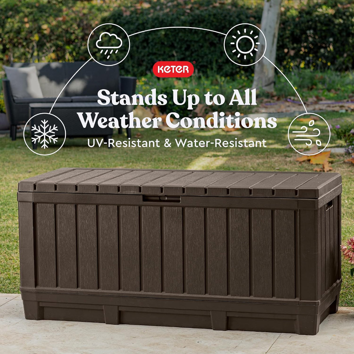 Kentwood 92 Gal Outdoor Storage Box for Patio and Pool Accessories | Brown, Resin, Large, Weatherproof, Lockable
