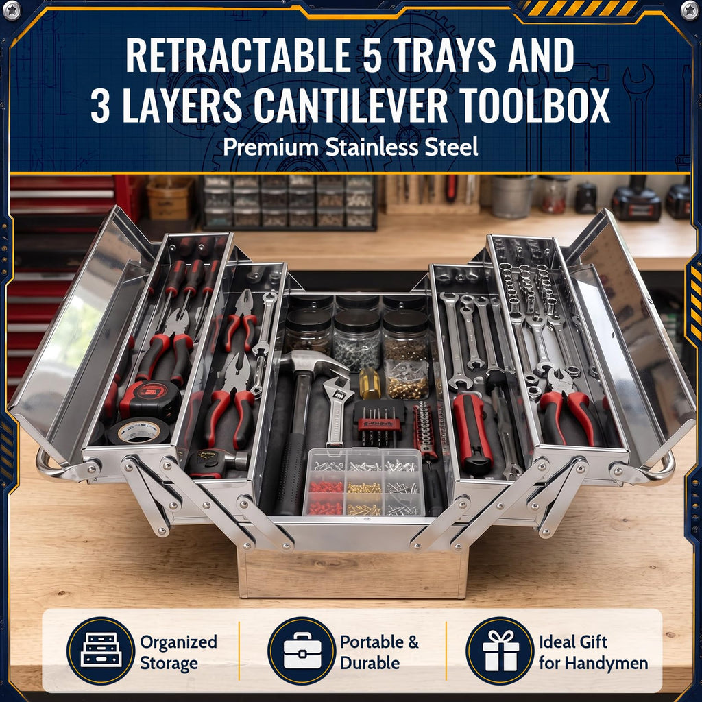 2 Pack Metal Cantilever Tool Box 3 Layer 5 Tray Folding Toolbox