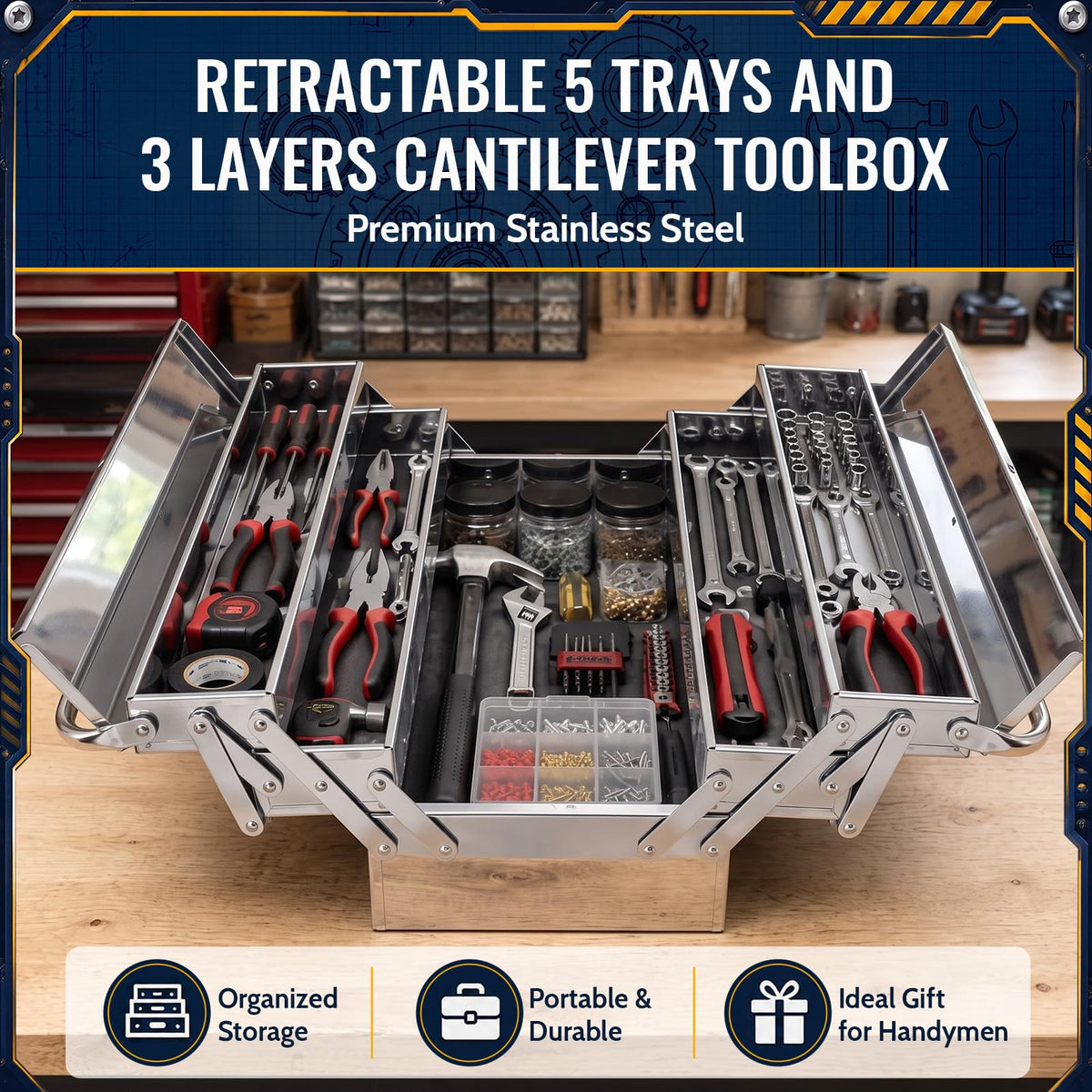 2 Pack Metal Cantilever Tool Box 3 Layer 5 Tray Folding Toolbox