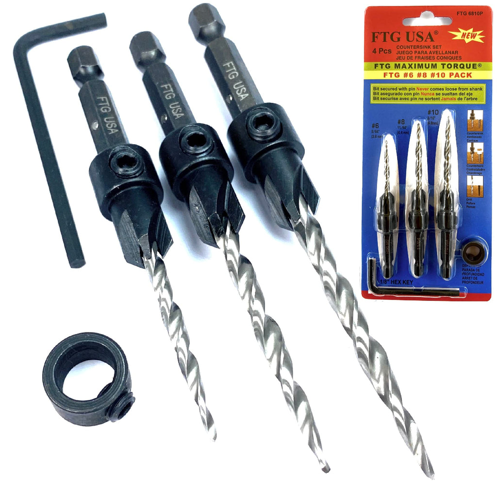 FTG USA 3 Pc Wood Countersink Drill Bit Set #6#8#10 with 3/8" Depth Stop