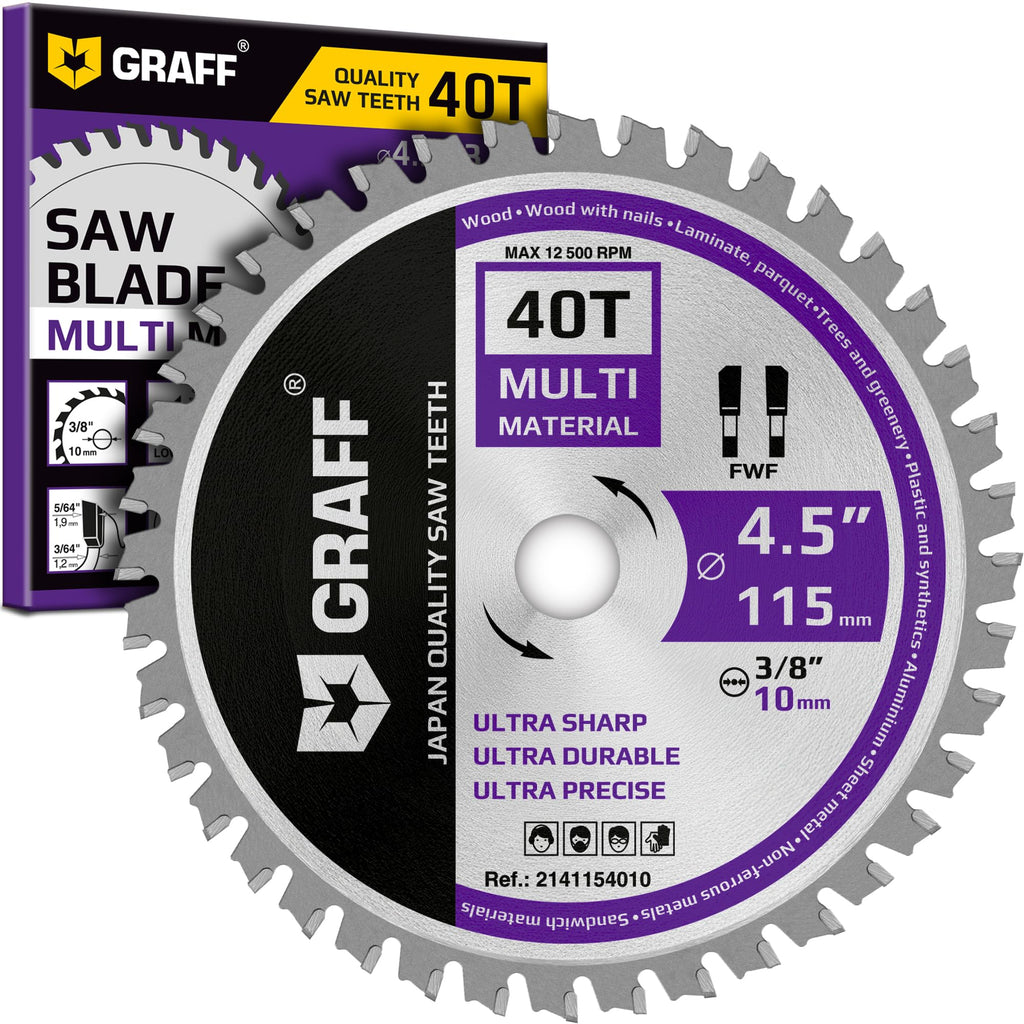 GRAFF 4-1/2 Inch Circular Saw Blade with 3/8 Inch Arbor - 40-Teeth Grinder Saw Blade for Aluminium, Metal, Wood, Plywood, Drywall, Plastic - Wood Cutting Blade for Angle Grinder