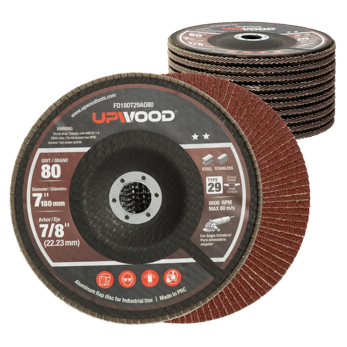 UPWOOD 80 Grit 7" x 7/8" Aluminum Oxide Type 29 Flap Discs for 7 inch Angle Grinder, Metal & Wood Sanding, Finishing & Stock Removal - 10 Pack