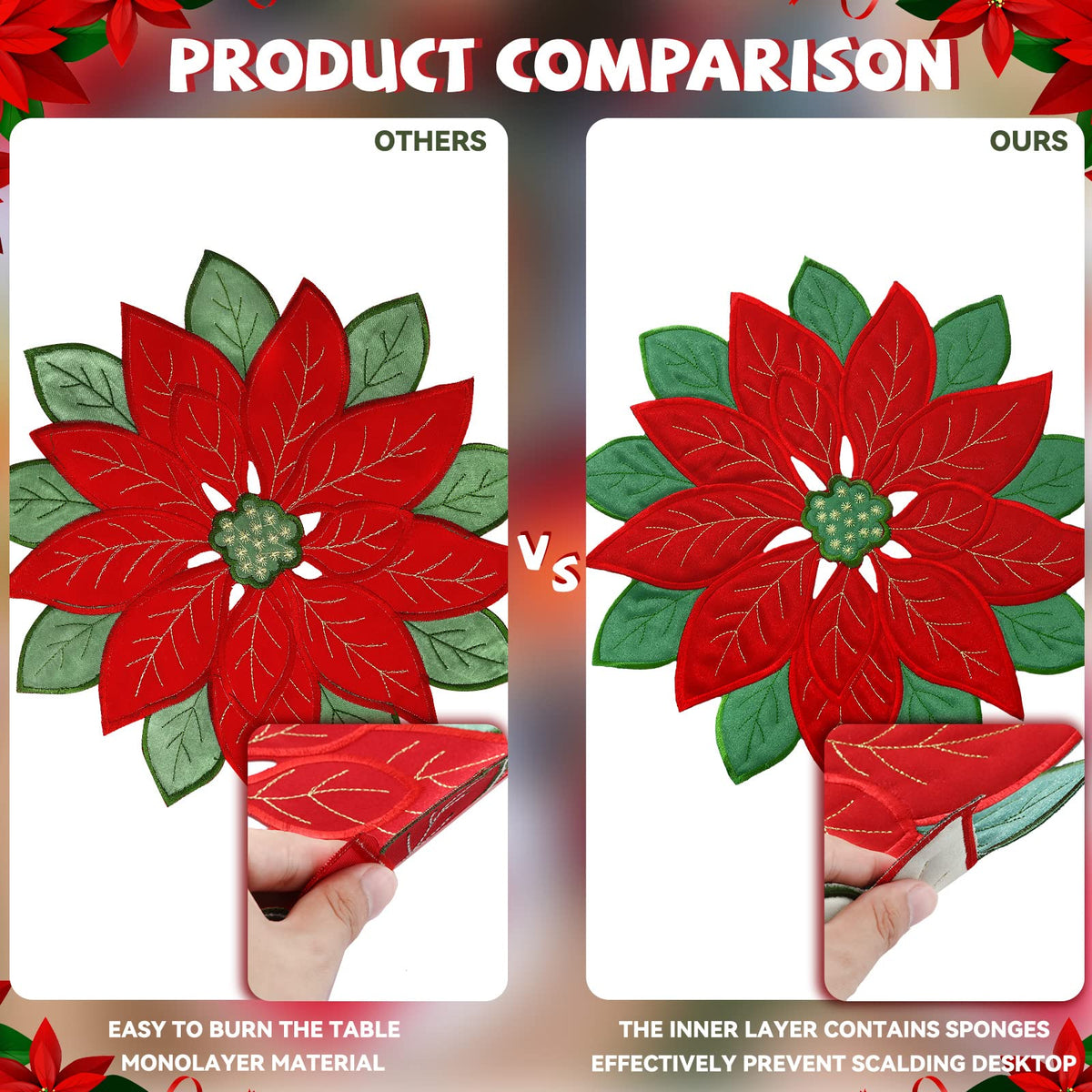 Christmas Poinsettia Placemats Set of 6, 14 Inch Embroidered Table Mats