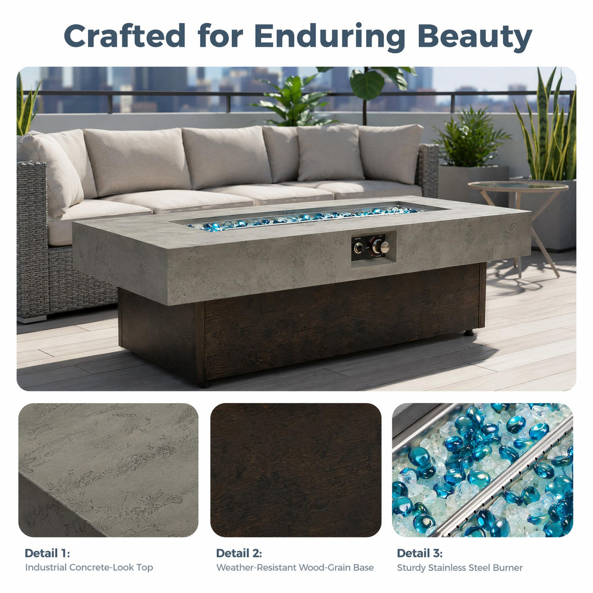 56" Propane Fire Pit Table, 50,000 BTU, 3 Heights, Cement Grey
