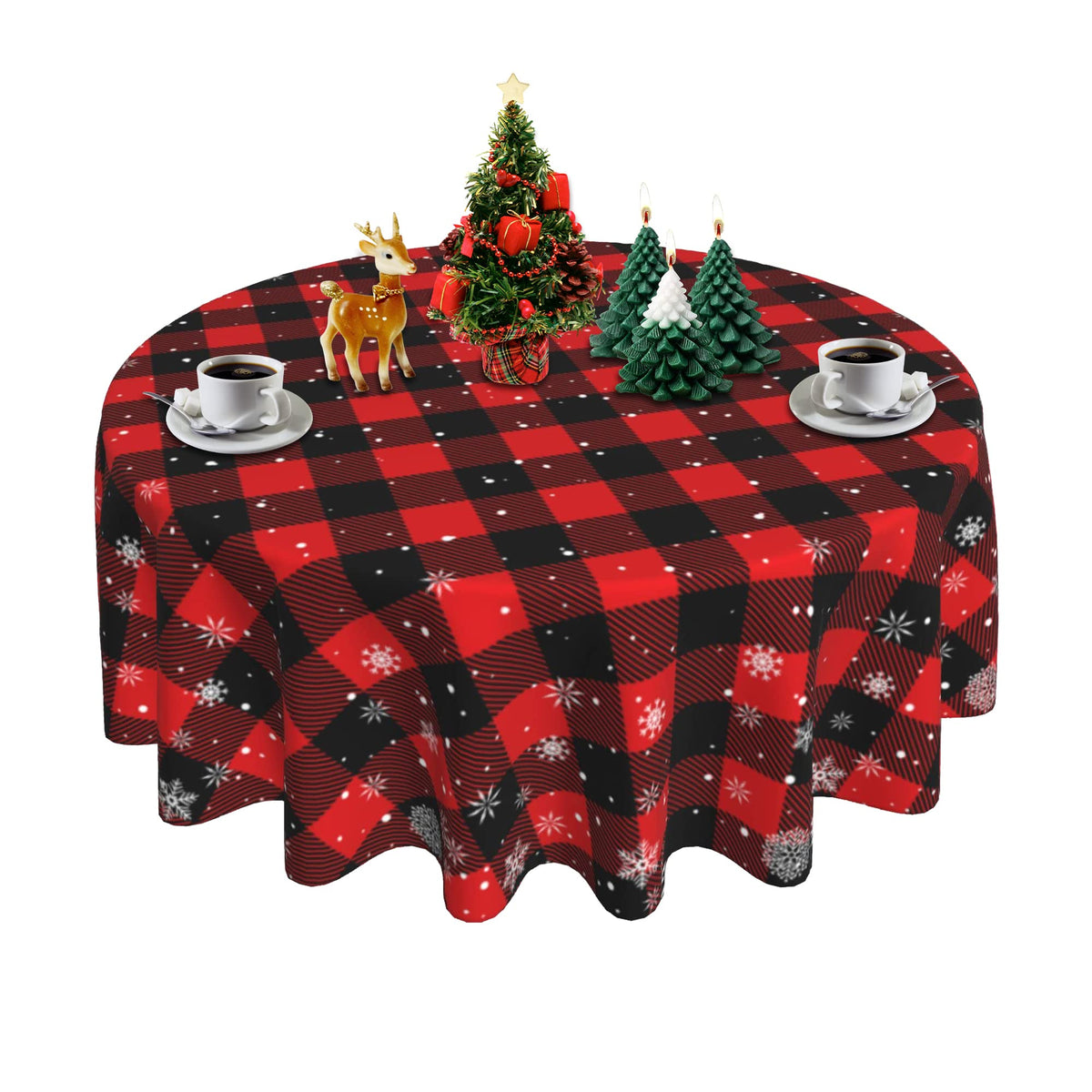 Christmas Snowflake Tablecloth 60 Inch Round, Red Black Buffalo Plaid Cover