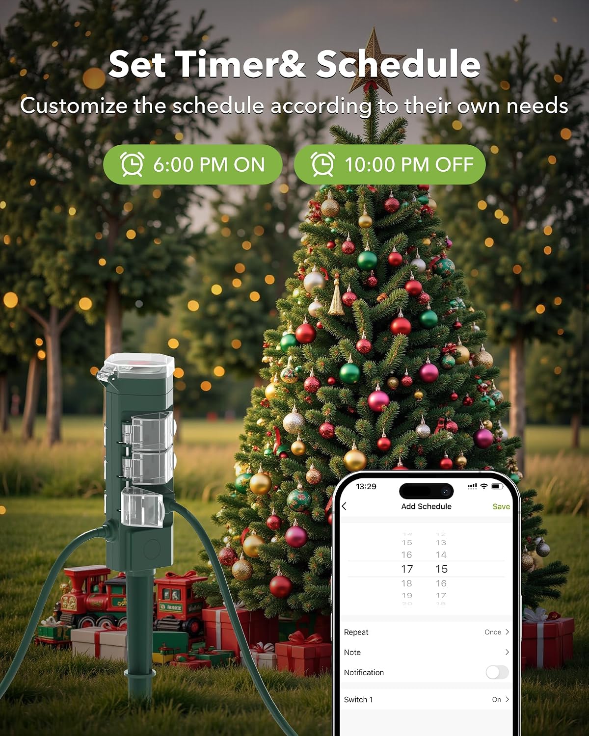 Outdoor Smart Plug Timer,6 Outlets,WiFi Power Stake 6 Ft Cord | Outdoor Smart Plug Timer Waterproof Outlet for