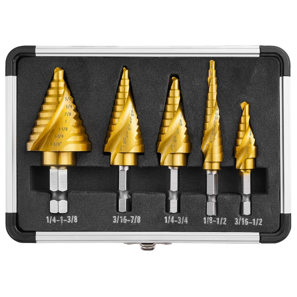 5PCS Spiral Flute Titanium HSS Step Drill Bit Set for Metal Unibit