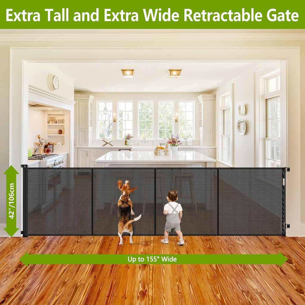 42" Tall x 155" Wide Extra-Wide Retractable Indoor/Outdoor Mesh Pet & Child Safety Gate with One-Hand Safety Lock for Wide Openings, Patios & Stairways