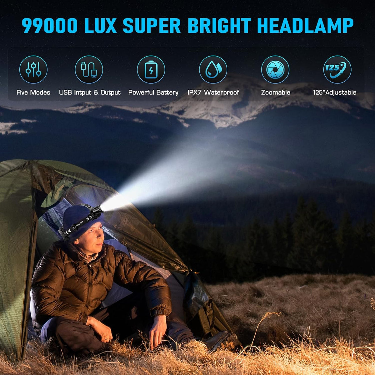 99000 High Lux LED Rechargeable Headlamp, 95H Long Battery Life Head Lamp with 5 Modes & IPX7 Waterproof & Zoomable