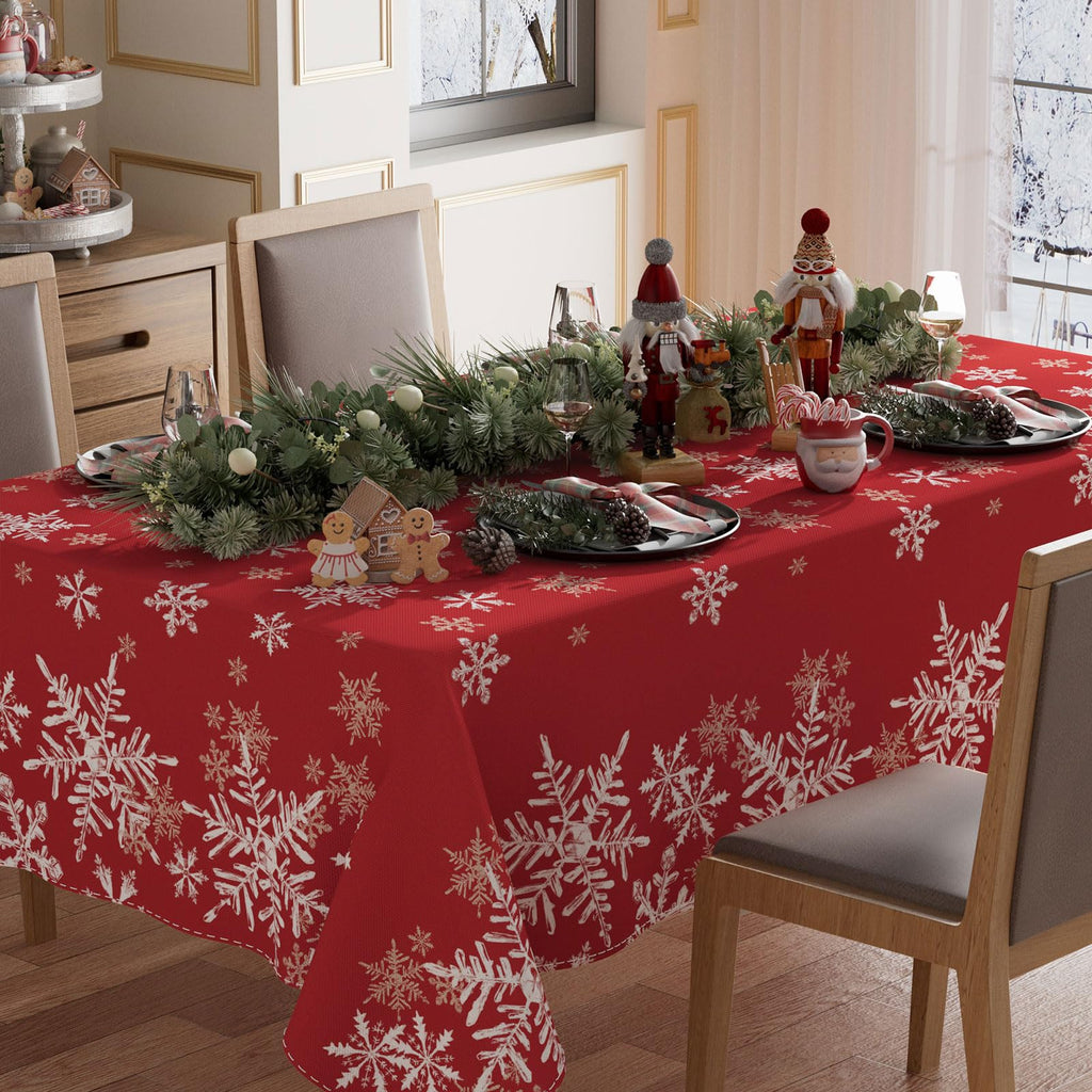Winter Red Snowflakes Tablecloth Rectangle Christmas Table Cloth Washable Table Covers for Indoor Dining Home Party