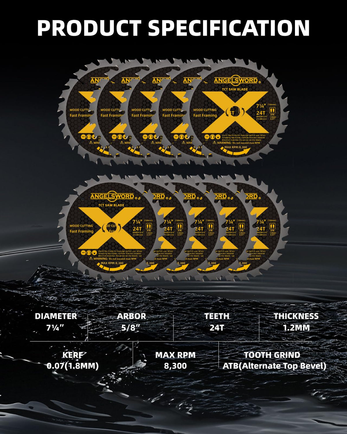 ANGELSWORD 7-1/4“ Cirular Saw Blade for Wood, 10pc 24T, 5/8" Arbor