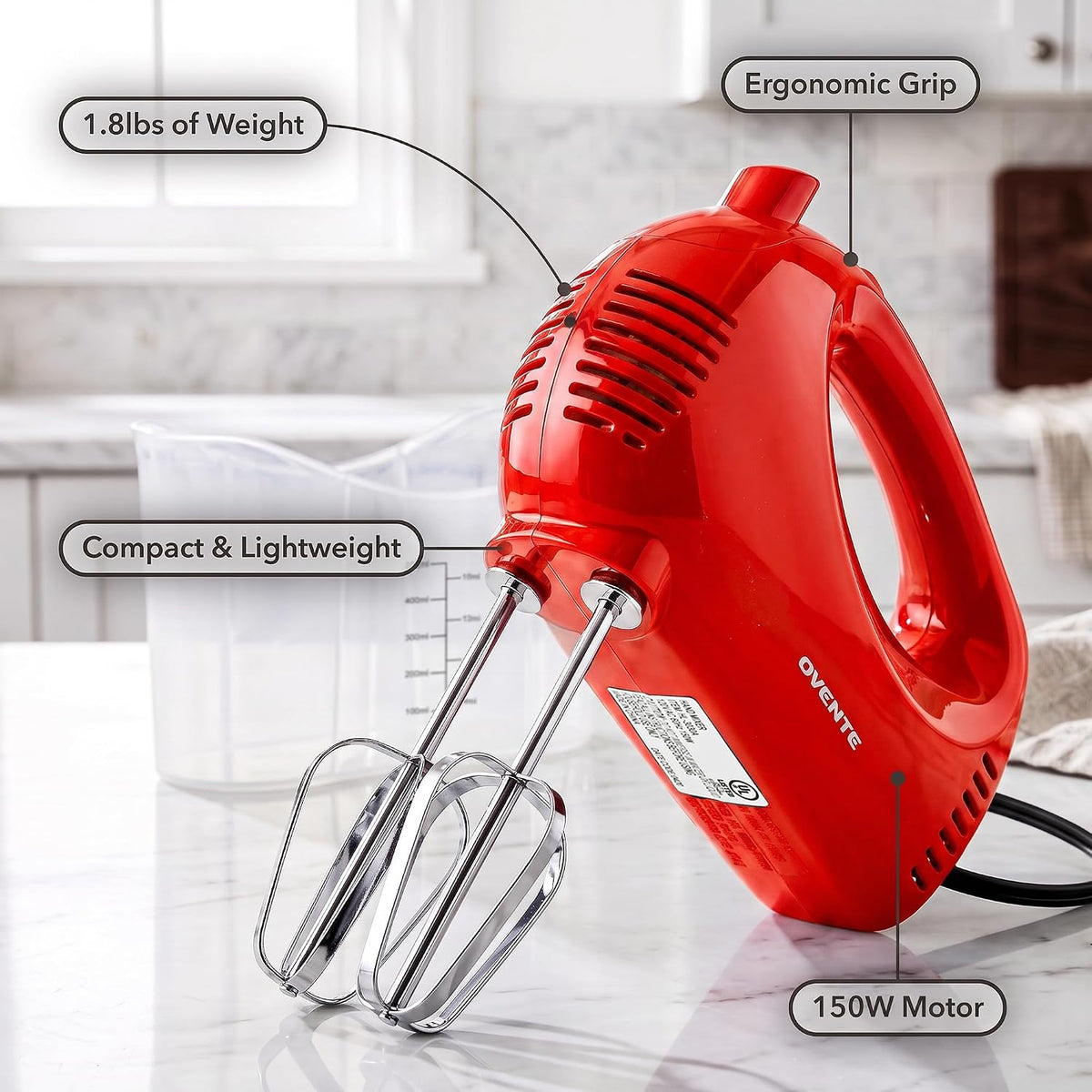 5-Speed Electric Hand Mixer with Storage Case,150W, Red HM151R | Stainless Steel Whisks, Compact Portable Design